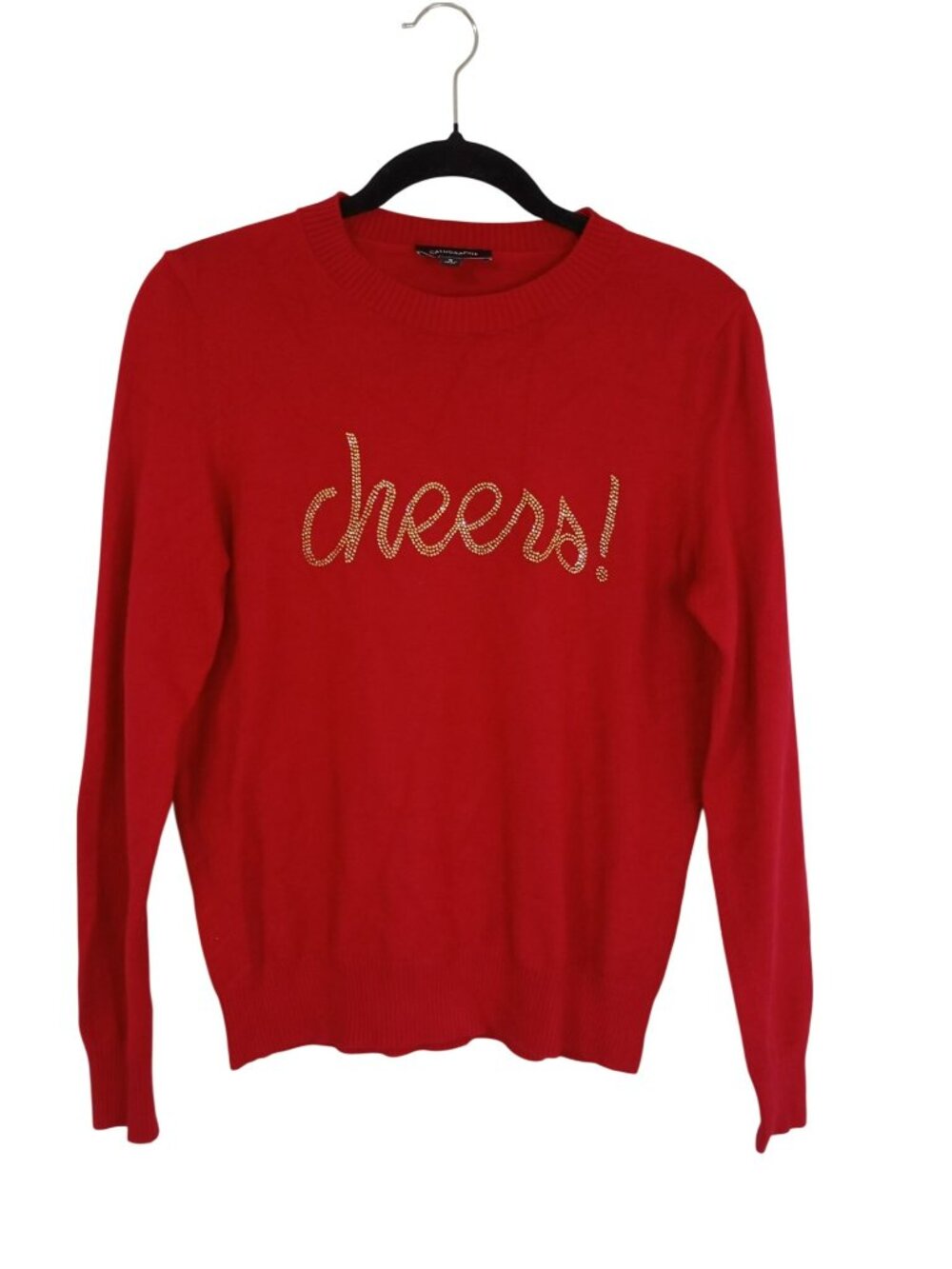 Anthropologie Calligraphie Red Sweater  Gold "Cheers!" Embellishment  Sz S